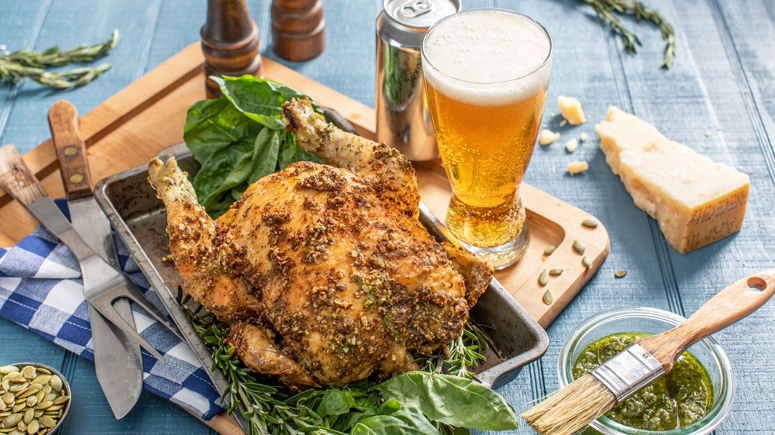 Octoberfest Beer Can Chicken with Pumpkinseed Pesto Rub