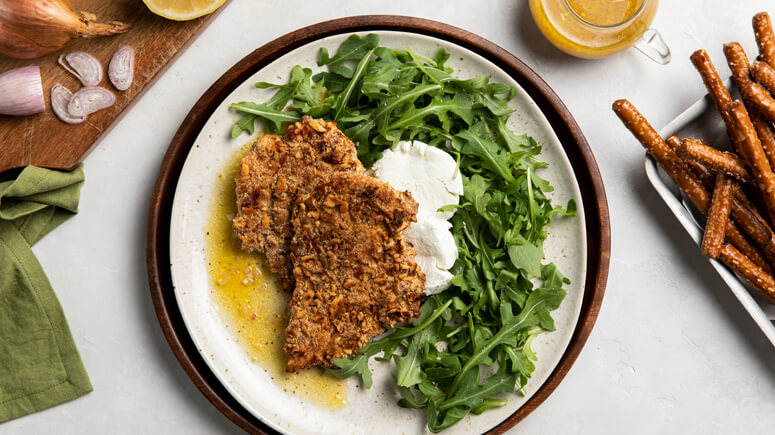 Pretzel-Crusted Chicken with Lemon IPA Vinaigrette