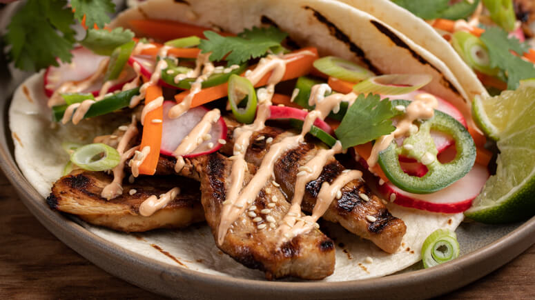 Chicken Banh-Mi Tacos with Pickled Veggies and Chili Mayo