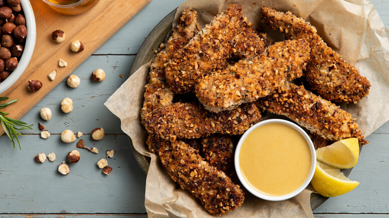 Air Fryer Hazelnut Chicken Strips with Caramelized Honey Mustard