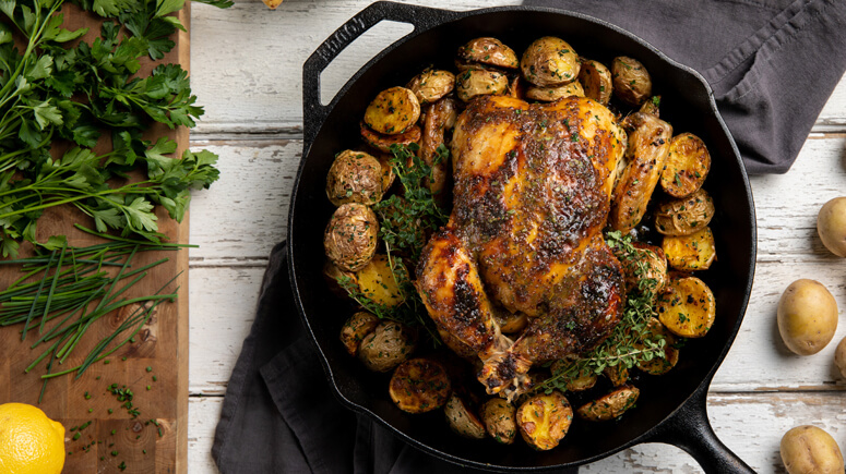 Maple Mustard Roasted Chicken with Crispy Spring Potatoes