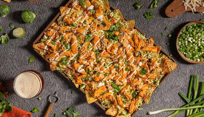 Buffalo Chicken and Brussels Sprouts Nachos