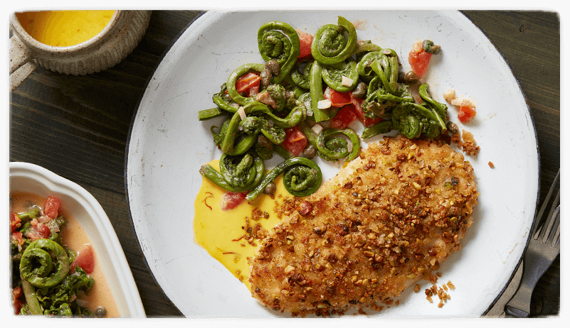 Pistachio Crusted Chicken Breast with Fiddle Head Fern Relish