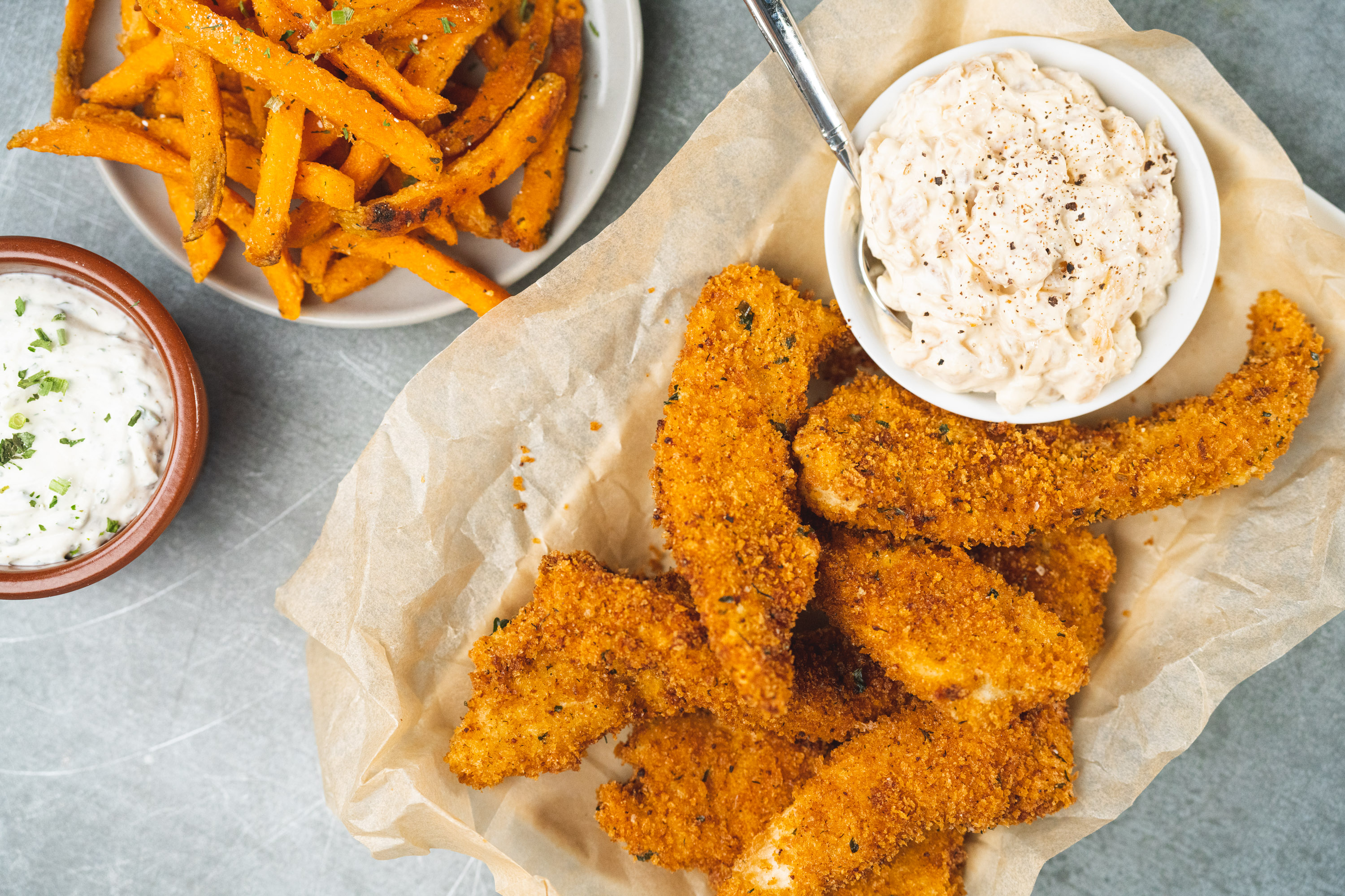 Fried Chicken Strips With Homemade Ranch Dressing And Veggie Sticks ...