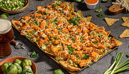 Buffalo Chicken and Brussels Sprouts Nachos