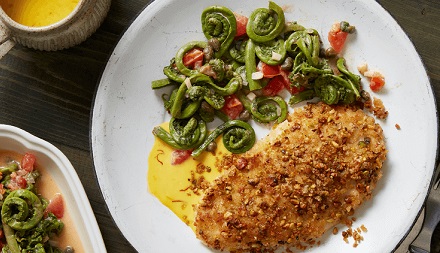 Pistachio Crusted Chicken Breast with Fiddle Head Fern Relish