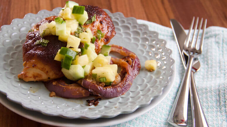 Sheet Pan Chicken & Onions with Pineapple Relish