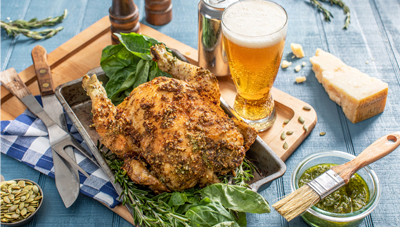 Octoberfest Beer Can Chicken with Pumpkinseed Pesto Rub