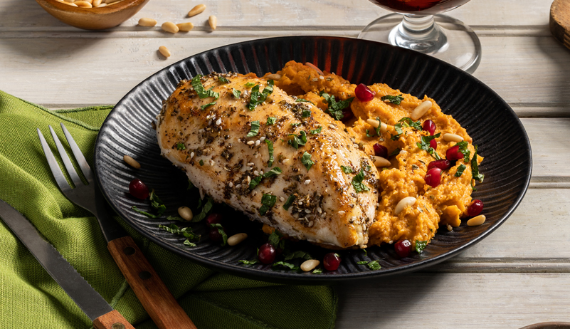 Za'atar Chicken with Harissa and Honey Mashed Butternut Squash